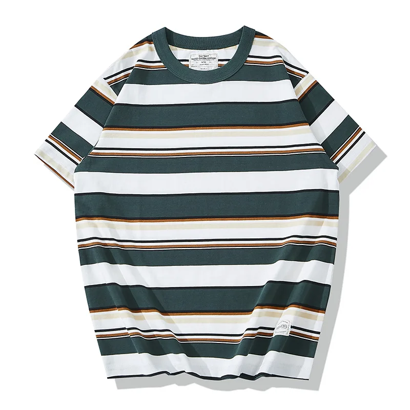 Ok1124 Irregular Striped T-Shirt Men 230g Heavy Weight High Quality Casual Contrast Color Short Sleeve Loose O-Neck Tees Tops