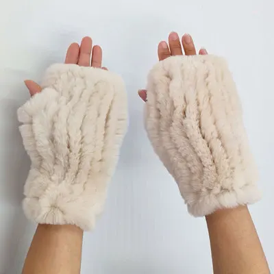 Rex Rabbit Fur Artificial Woven Fingerless Gloves Half-finger Thickened Warm Winter Wristband Mid-length Gloves