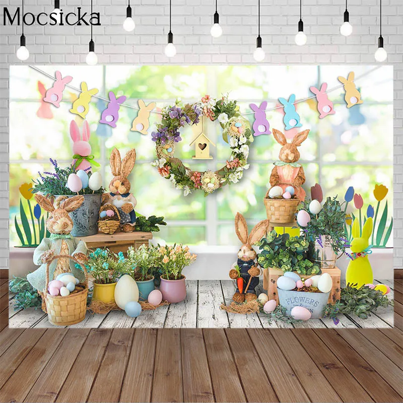 Easter Photography Backdrop Spring Green Plants Flowers Bunny Egg Decor Rabbit Birthday Party Photcall Background Photo Studio