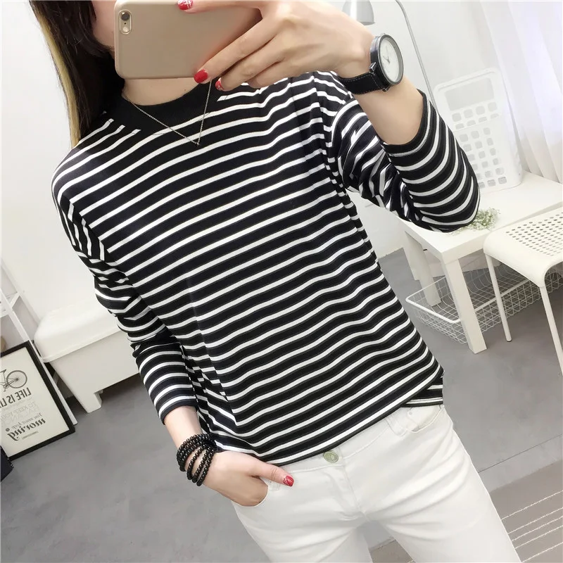 Long Sleeve Fashion Black And White Striped Women T Shirts 2023 New Spring Casual Tops Pullover T-shirt O-neck Korean Shirt