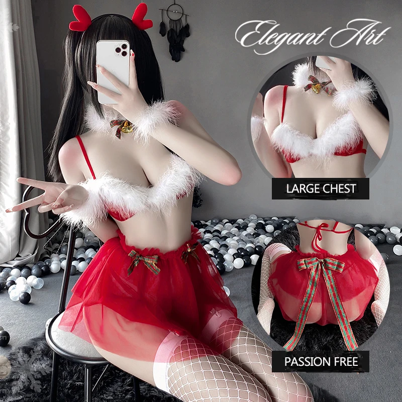 

Plush Red Christmas Cosplay Costumes Sexy Lingerie Three-Point With Skirt Temptation Outfit Women Backless Deep V-Neck Uniform