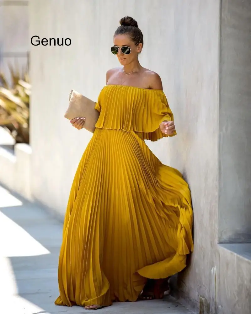 

Off Shoulder Beach Dresses Pleated Long Dress Women Party Dress Maxi Ruffle Solid Pink Autumn Dresses Elegant 2020 Vestidos