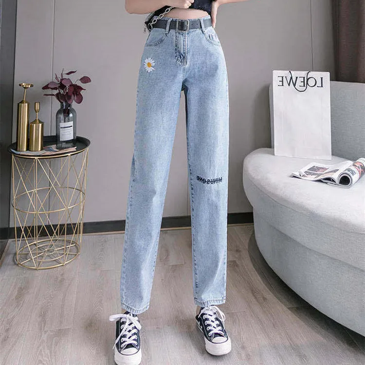 Women High Waist Daisy Embroidery Jean Korean Baggy Jeans Elegant Stright Denim Trousers y2k Vintage Capris Pants Streetwear