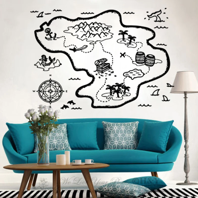 Cartoon Pirate Treasure Map Wall Decal Boy Kids Room Pirate Map Explore Adventure Time Wall Sticker Playroom  Decor