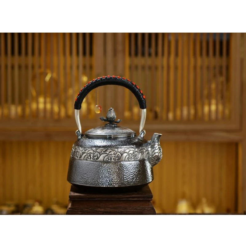 Silver pot 999 sterling silver handmade tea set Japanese retro teapot kettle home tea ceremony Kungfu tea set 1000ml