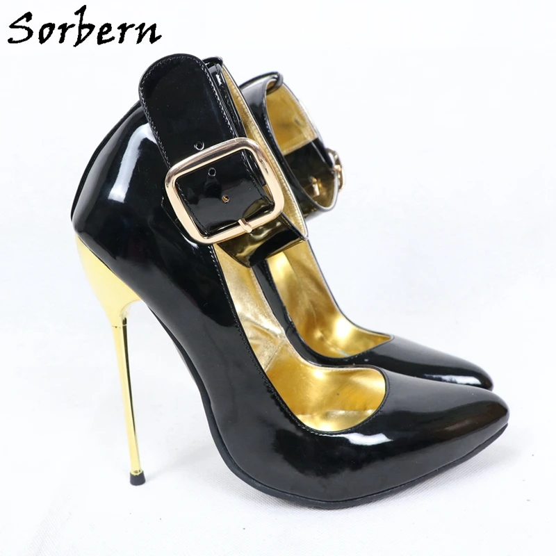 Sorbern Women Pumps Wide Ankle Straps Pointed Toe 12Cm 14Cm Stilettos Metal High Heels Womens Shoes Heel Size 10