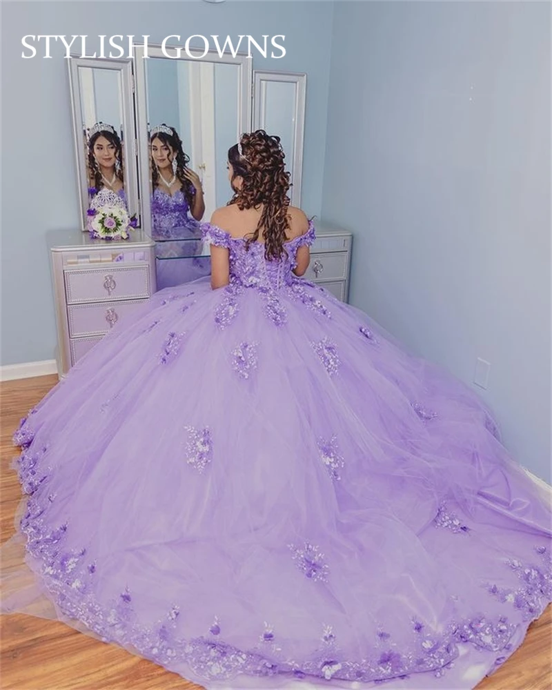 Tím Lệch Vai Bầu Phồng Sweet 16 ĐẦM ĐÍNH HẠT Quinceanera Áo Phối Ren Lưng 15 Năm Đảng Đồ Bầu dây Trang Trí Vũ Hội