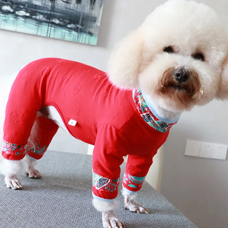 Pet Dog Jumpsuit Puppy Clothes Thin 100%Cotton Overalls For Small Dogs Stretchy Pajamas Chihuahua Poodle Chinese Style Home Wear