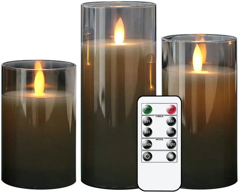 Set of 3 LED Flickering Battery Operated Candles 10 Key Remote Controlled Paraffin Wax Moving Wick Pillar Glass Candle set-Gray