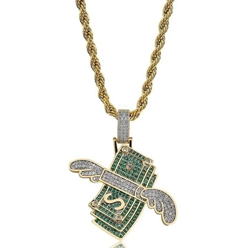 Hip Hop Cartoon Zircon Angel Wings Dollar Pendant Necklace for Men and Women Rock Hip Hop Rap Jewelry Gift