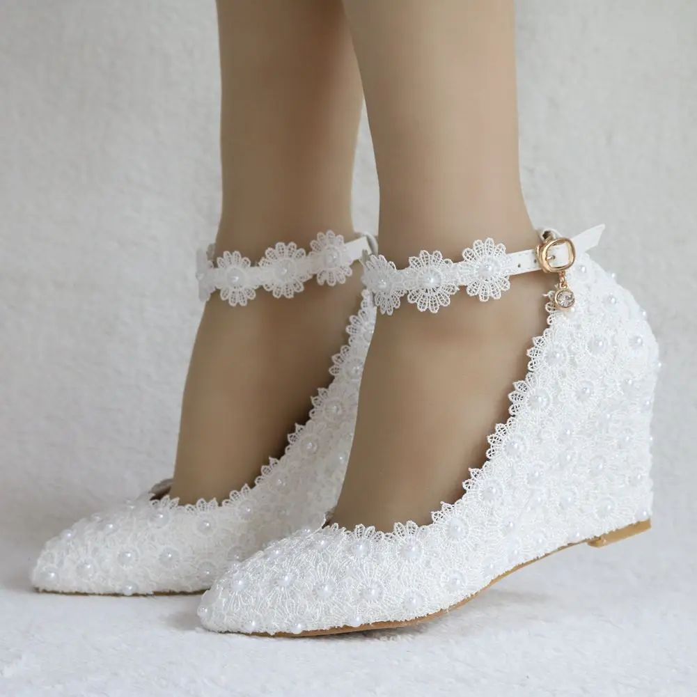 Fashion pink white wedges wedding pumps sweet white flower lace pearl platform pump shoes bride dress high heels Women\'s sandals