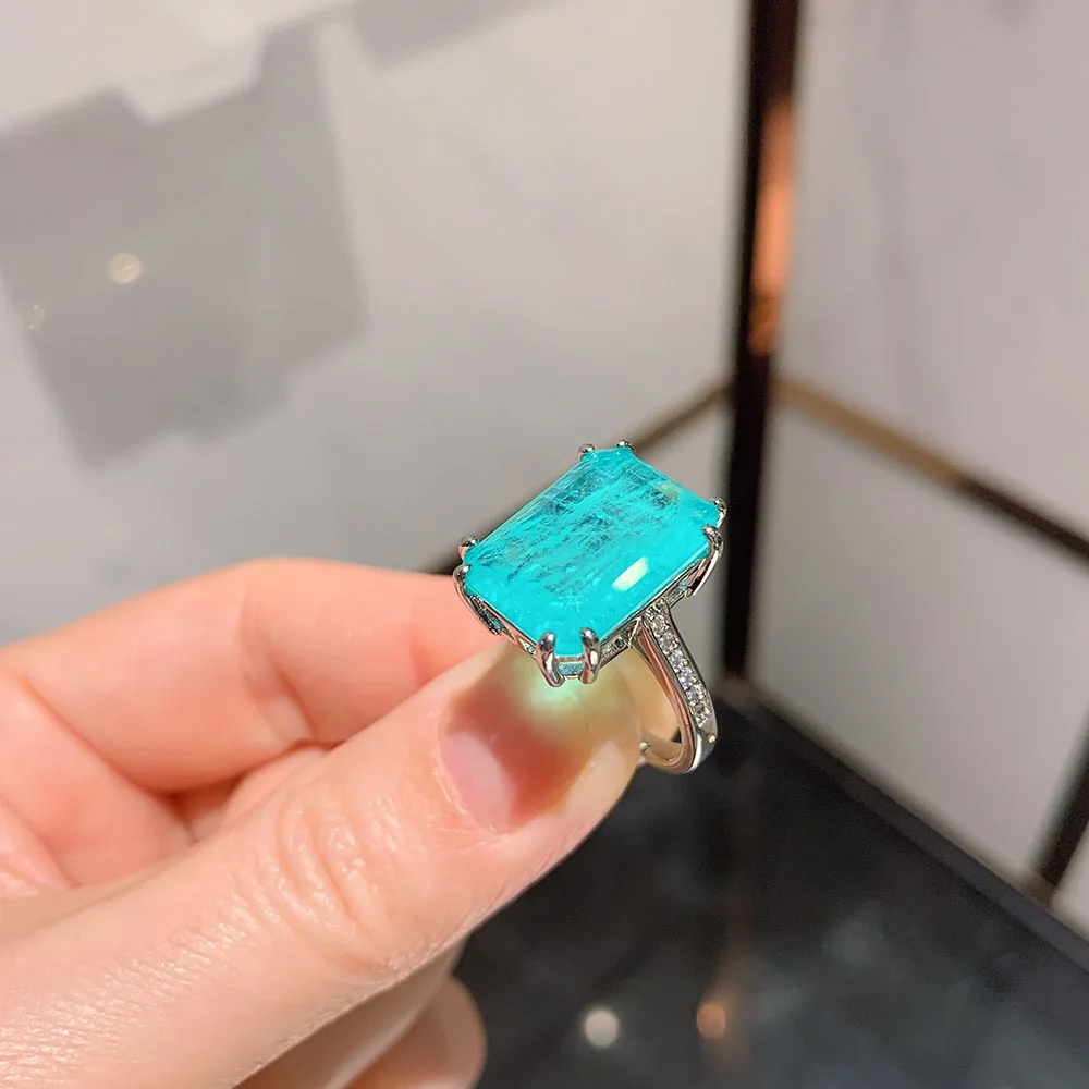 Charms Big Gemstone Women\'s Ring 12*16 Paraiba Tourmaline Topaz Party Wedding Bands Jewelry Female Anniversary Gift Accessories