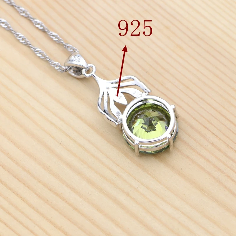 925 Silver Jewelry Set for Women Round Olive Green Cubic Zirconia Earrings Pendant Necklace Ring Bracelet Anniversary Gift