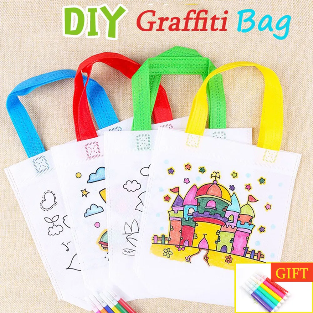 10Pcs DIY Environmental Protection Graffiti Bag Educational Toy for Children Handmade Painting Kindergarten Tote Bags Toy Gifts