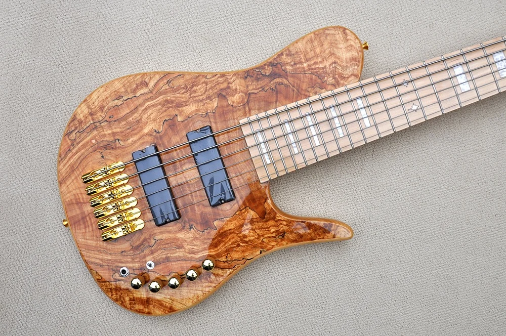 Natural Wood 6 Strings Electric Bass Guitar with Gold Hardware,Neck Through Body,Provide Custom Service