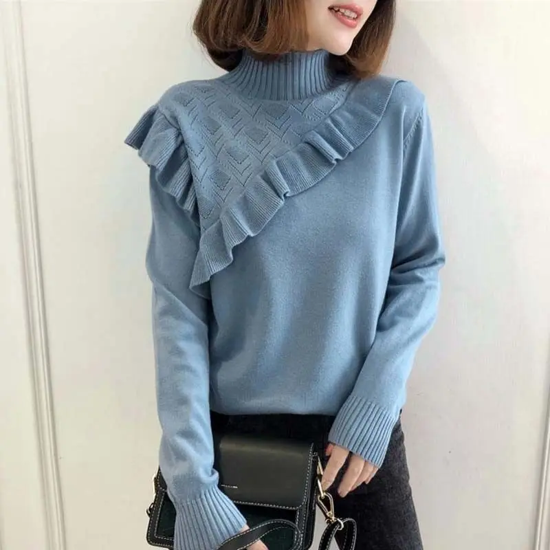 

Women's Korean Half High Collar Warm Long-sleeved Fungus Knitted Bottoming Pullover Top 2021 New Autumn and Winter Sweater S2365