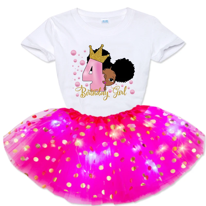 Black princess birthday Girls Dress Sets Party Casual Dress little Girls Short Sleeve T shirt tutu Dress Suit king 3 4 5 6 years