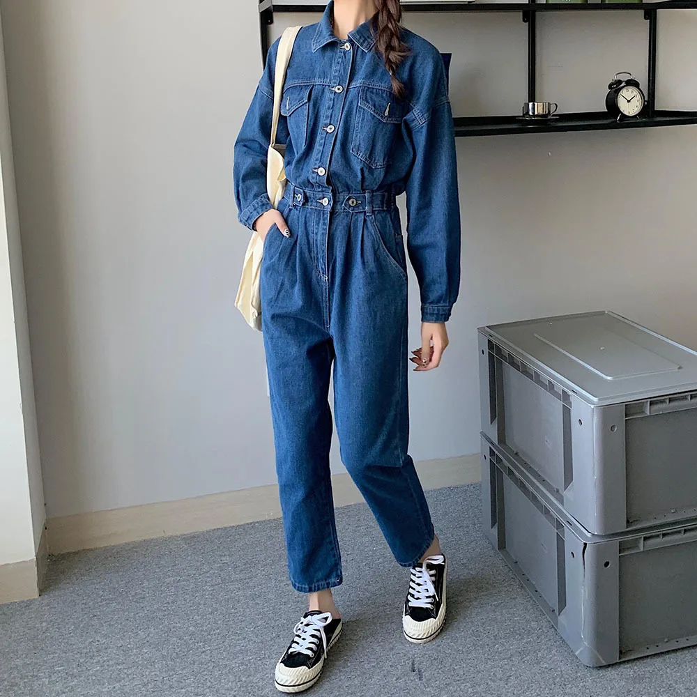 

Spring Women Denim Jumpsuits d Fashion Loose Wide Leg Cargo Pants Pockets Ladies Vintage Blue Playsuit Jump Suits Fall