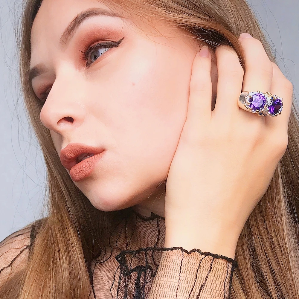 DreamCarnival1989 Purple Zircon Rings for Women Wedding Must Have 2019 Jewelry Owl Big Eyes Design Two Tones Color WA11754