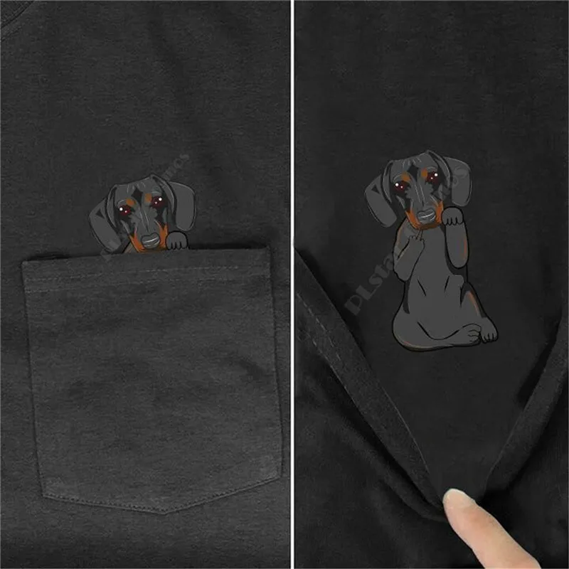 

PLstar Cosmos T Shirt summer pocket BLACK DACHSHUND printed t-shirt men for women shirts tops funny cotton black tees
