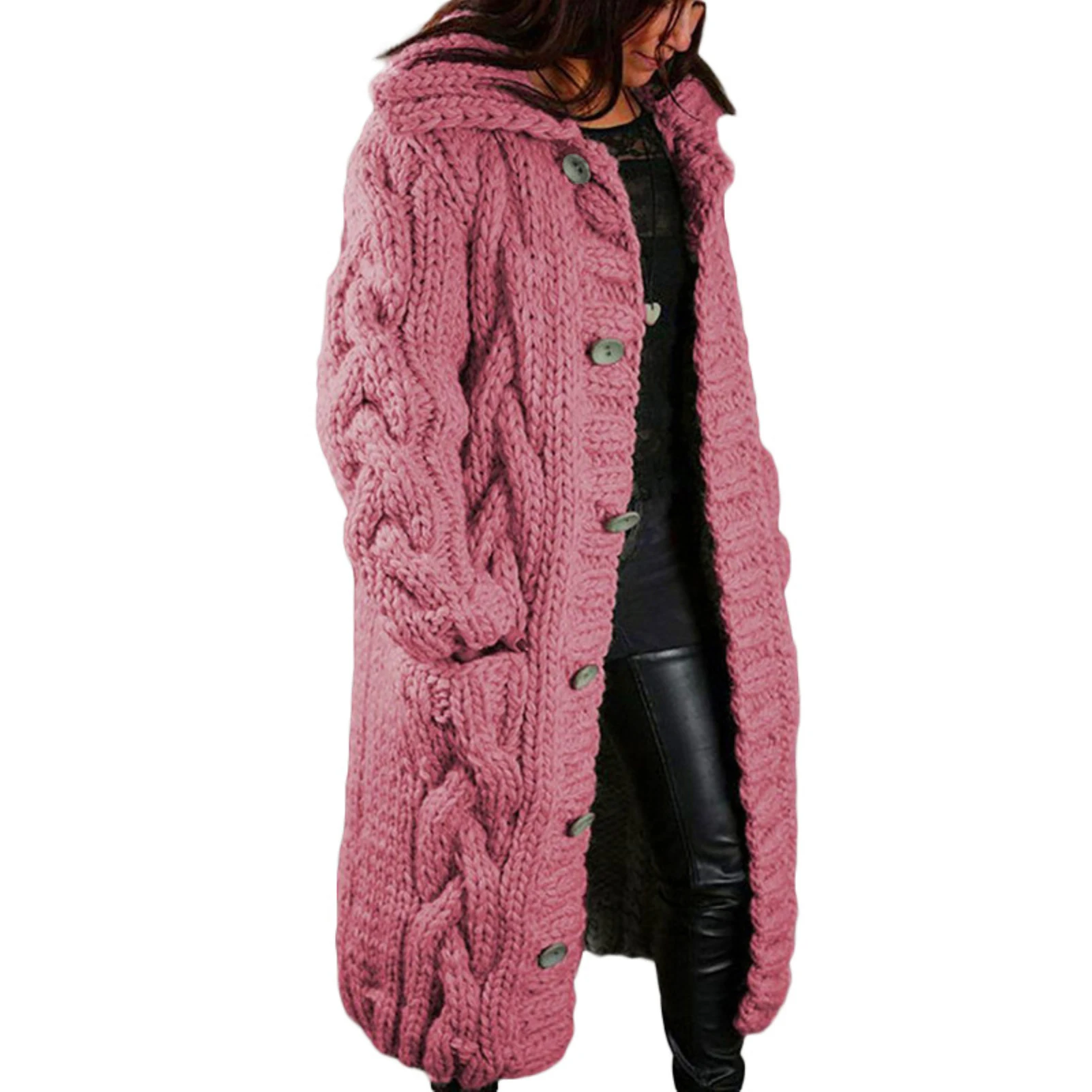 HOT SALES！！！New Arrival Women Winter Long Sleeve Twist Knitted Cardigan Pocket Buttons Warm Hooded Coat