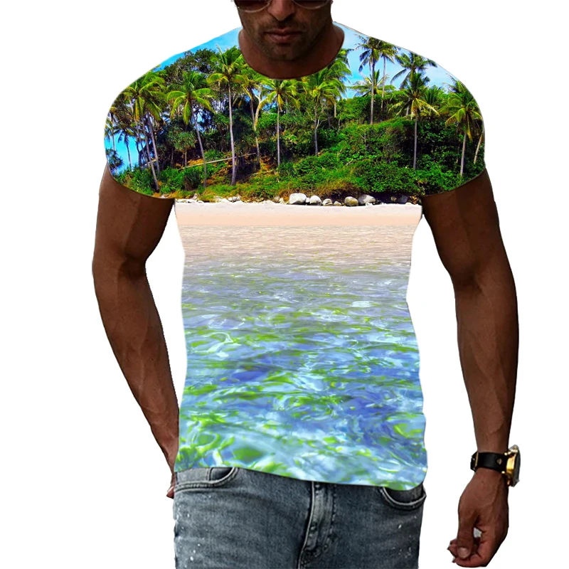 Summer Natural Scenery Print Men\'s t-shirts Fashion Landscape graphic t shirts Beach Sea View Pattern short sleeve t-shirts Top