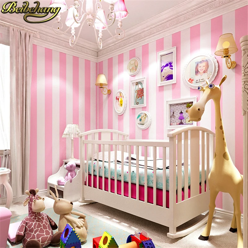 beibehang Korean vertical stripes wallpaper for children's room girl princess 3D wall paper child living room pink TV Background