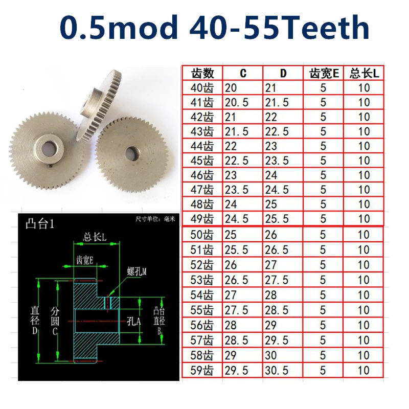 1pc 0.5mod spur gear Convex step 45# 0.5 die 40 41 42 43 44 45 46 47 48 49 50 51 52 53 54 55 tooth straight gear