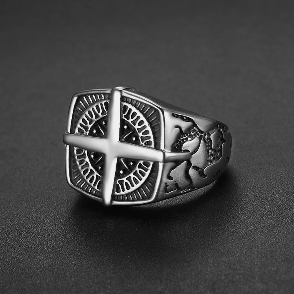 Vintage 316L Stainless Steel Viking Compass Ring Men Punk Geometric Crack Pirate Compass Ring Jewelry Gift Size 7-13