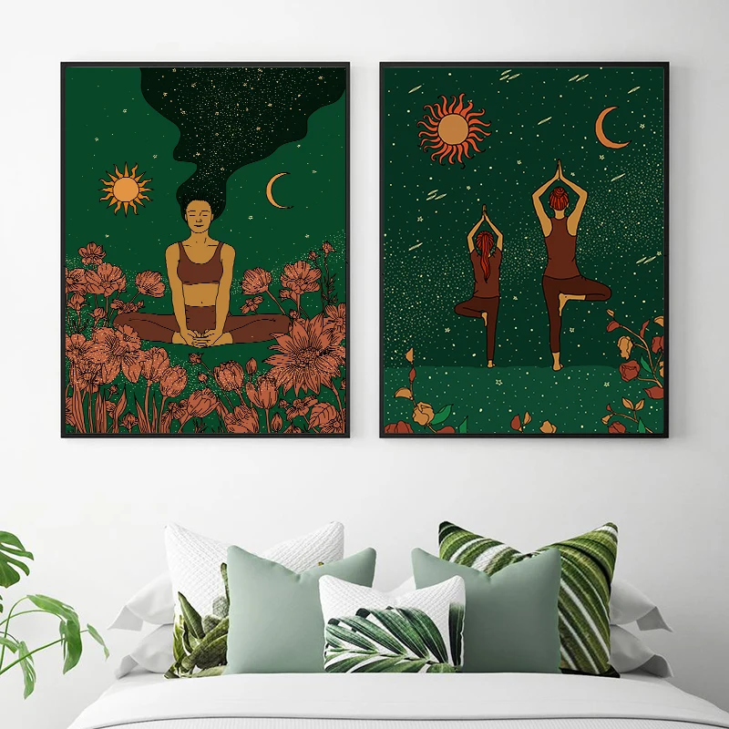 Yoga Meditation Girl Pose Posters Inhale Exhale Canvas Painting Yoga Room Wall Art Decor Pictures Girls Fitness Gift Gym Prints
