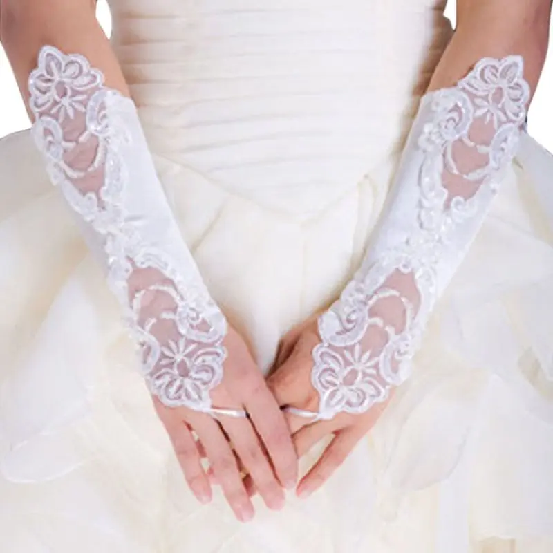 1 Pair Women Bridal Long Gloves Fingerless Lace Glitter Sequins Solid Color Length Mittens Hook Finger Wedding Party