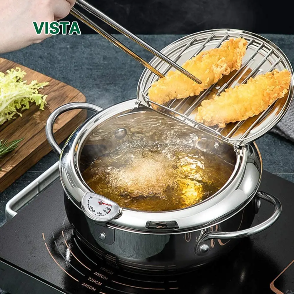 Kitchen Deep Frying Pot with Thermometer and Lid Stainless Steel Pans Japanese Tempura Fryer Pan Fried Chicken Pot Cooking Tools