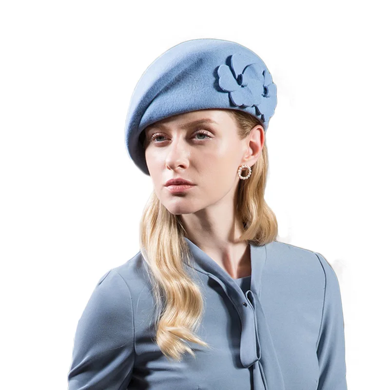 FS Vintage Czarny Francuski Beret 100% Wełniany Kapelusz Dla Kobiet Czerwony Różowy Kwiat Fedora Zimowy Filcowy Damski Kapelusz Kościelny Chepeau Feminino — zdjęcie 2