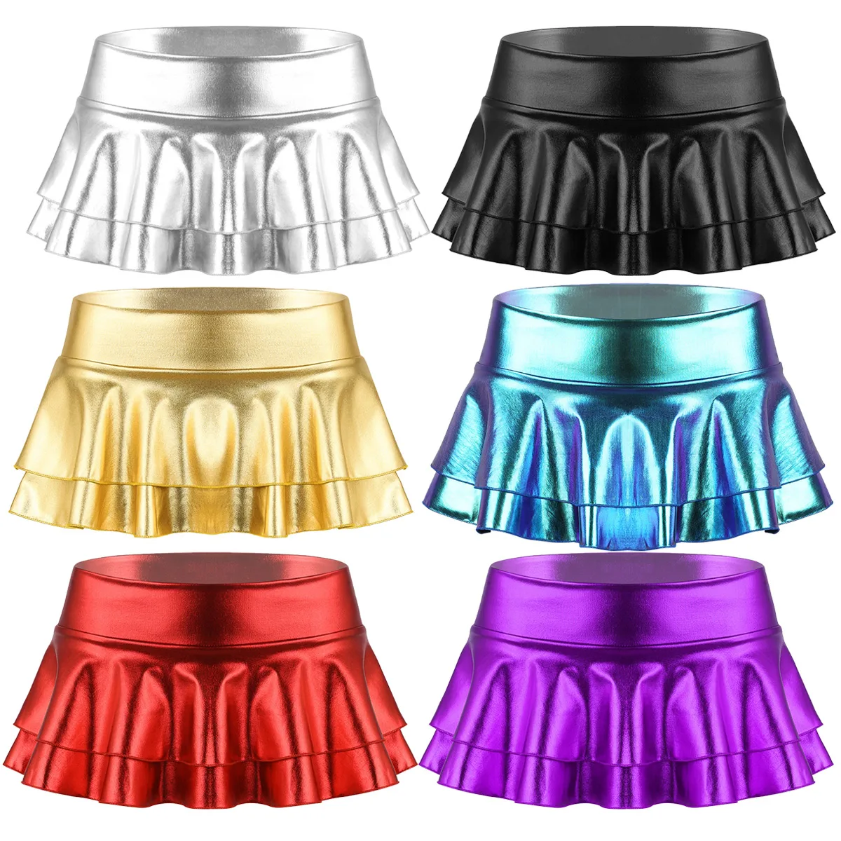 ผู้หญิง SHINY METALLIC LOW RISE Ruffled POLE Dance กางเกงขาสั้นกระโปรงหนังคลับปาร์ตี้เต้นรำเทศกาล RAVE เครื่องแต่งกายเซ็กซี่กระโปรง