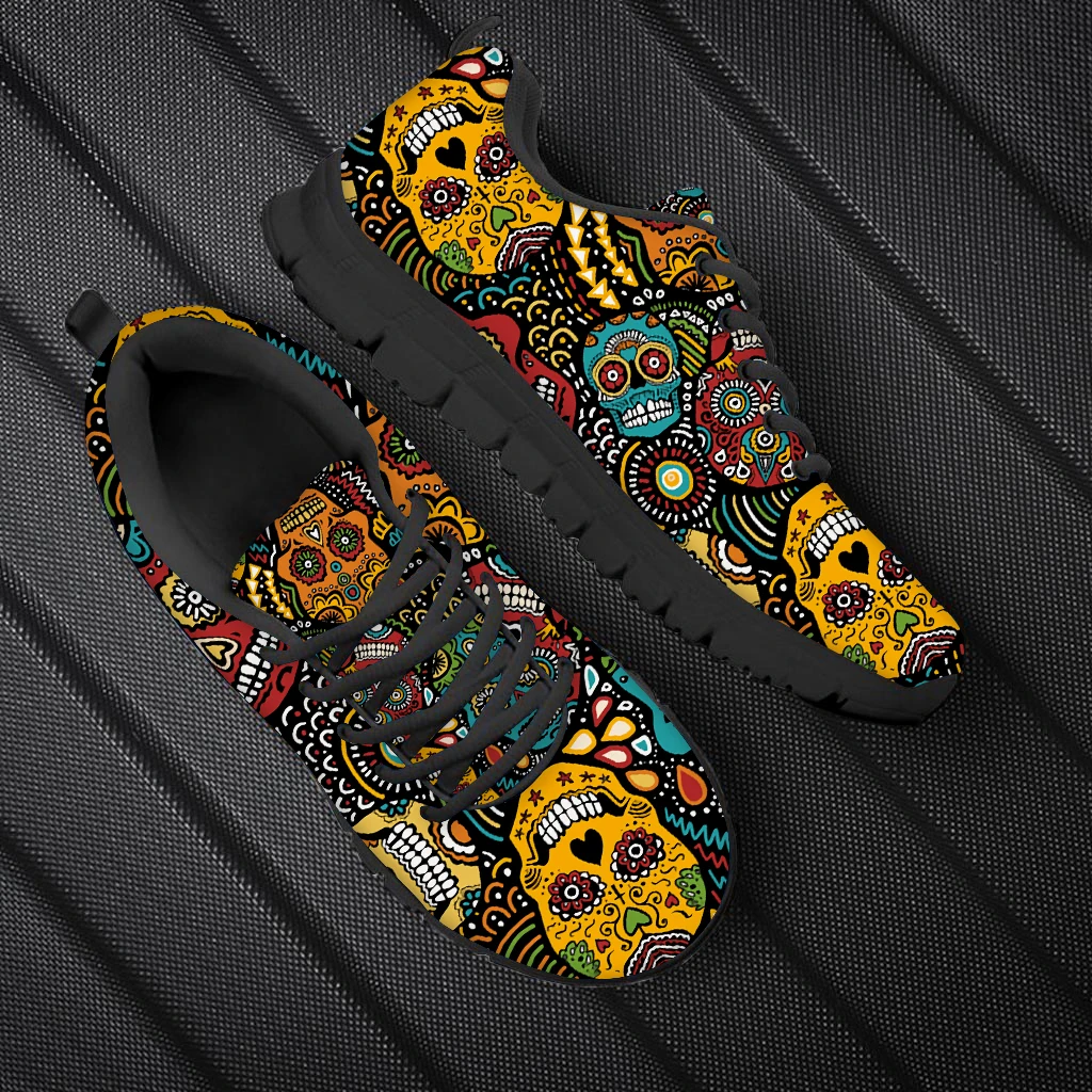 WHEREISART Classic Sugar Skull Printed Men Flats Sneakers Plus Size 48 Brand Design Spring Autumn Lace Up Walking Shoes Dropship