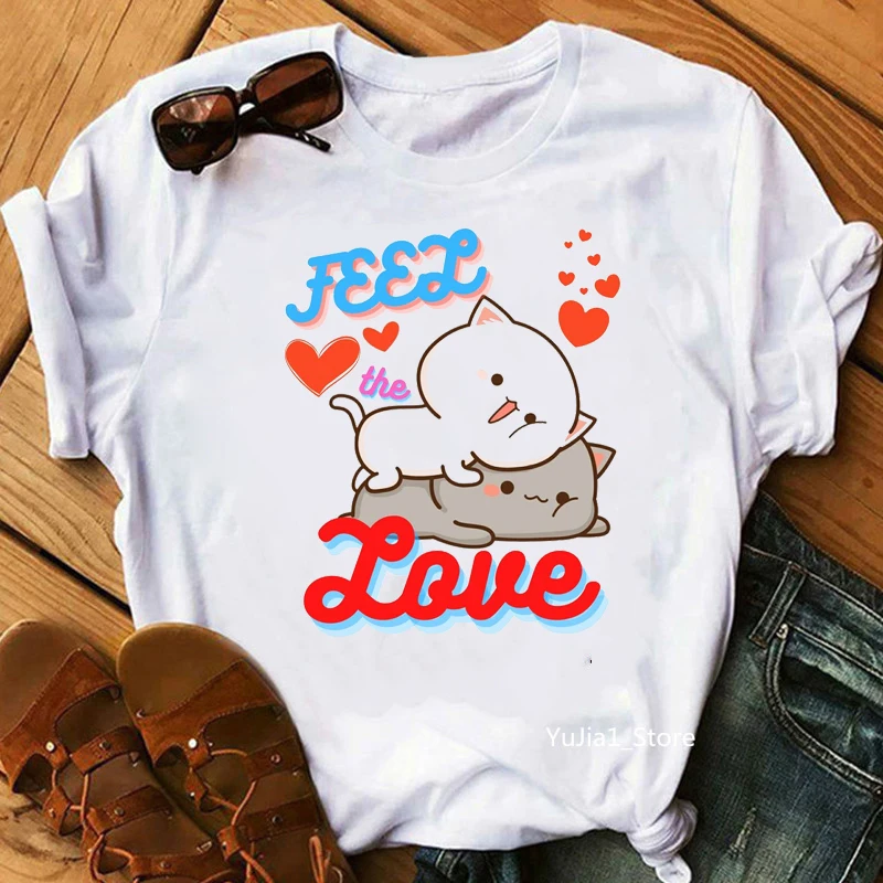 

Cute Peach And Goma Mochi Cat Animal Print Tshirts Women Kawaii Clothes Funny T Shirt Femme Harajuku Shirt Dropshipping