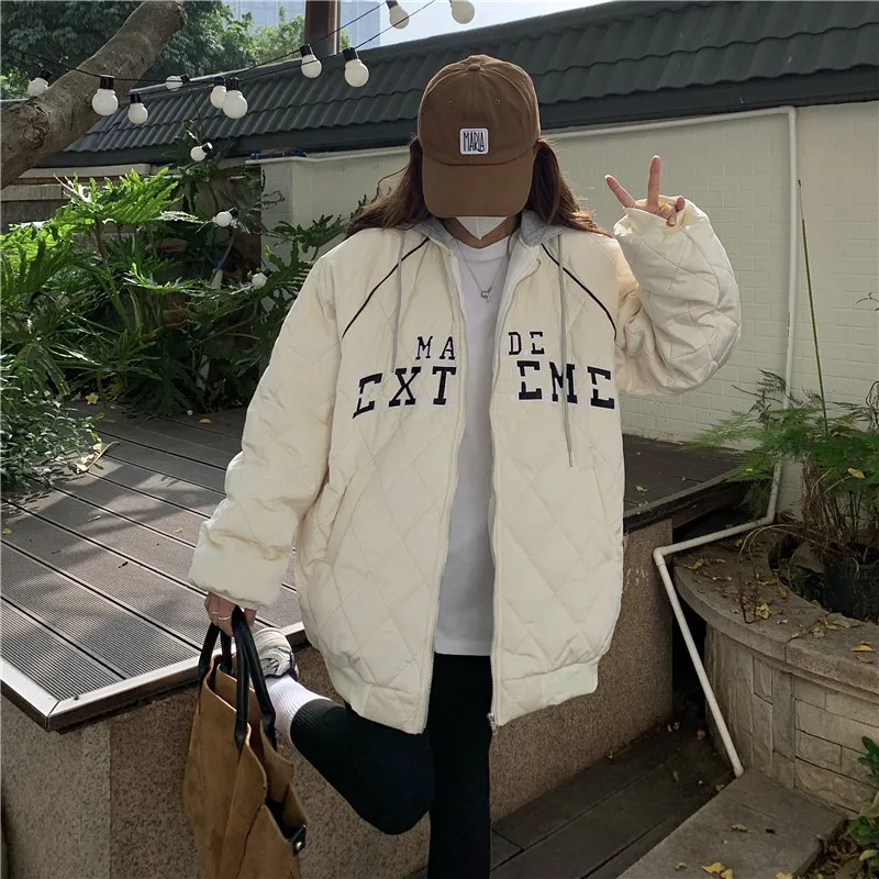 

New Winter Vintage Harajuku Hooded Jacket Sweet Letter Embroidery Loose Full Sleeve Keep Warm Thicken Zipper Cotton Clothes