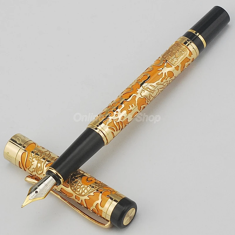 

Jinhao 5000 Ancient Metal Fountain Pen Dragon Texture Carving, Orange & Gold Business Gift Pen For Portable Fountain Pen