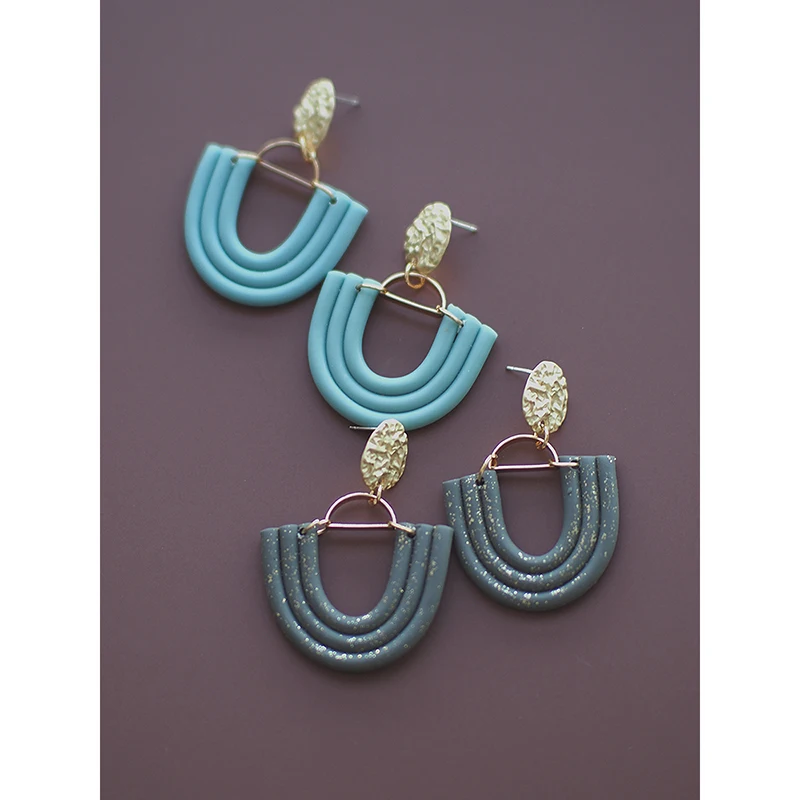 

Curve Dangle Polymer Clay Lined Elegant Classic Geometry Unique Earthy Gray Pendant Metal Top Earrings Women Jewelry Party Wear