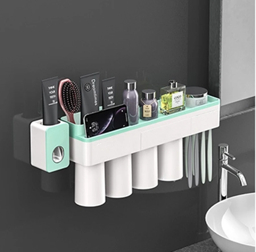 Top Sell Toothbrush Holder Automatic Toothpaste Dispenser With Cup Wall Mount Toiletries Storage Rack Bathroom Accessories Set