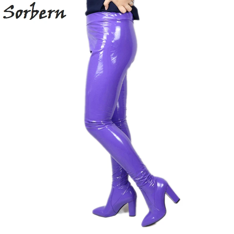 

Sorbern Custom Pant Boots Crotch Thigh High Block Heel Boot With Belt Purple Stretched Clubwear High Heel Boot Unisex Ladyboy