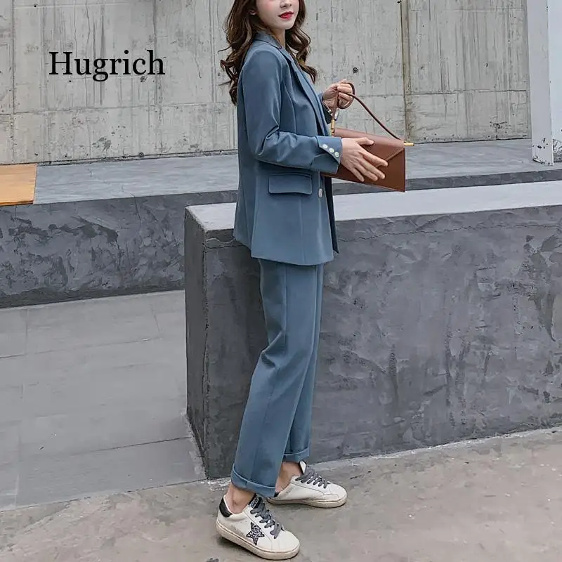 Fashion Women Blazer Suits Long Sleeve Double- Breasted Blazer Pants Suit Office Ladies Two-Piece Blazer Sets 2021