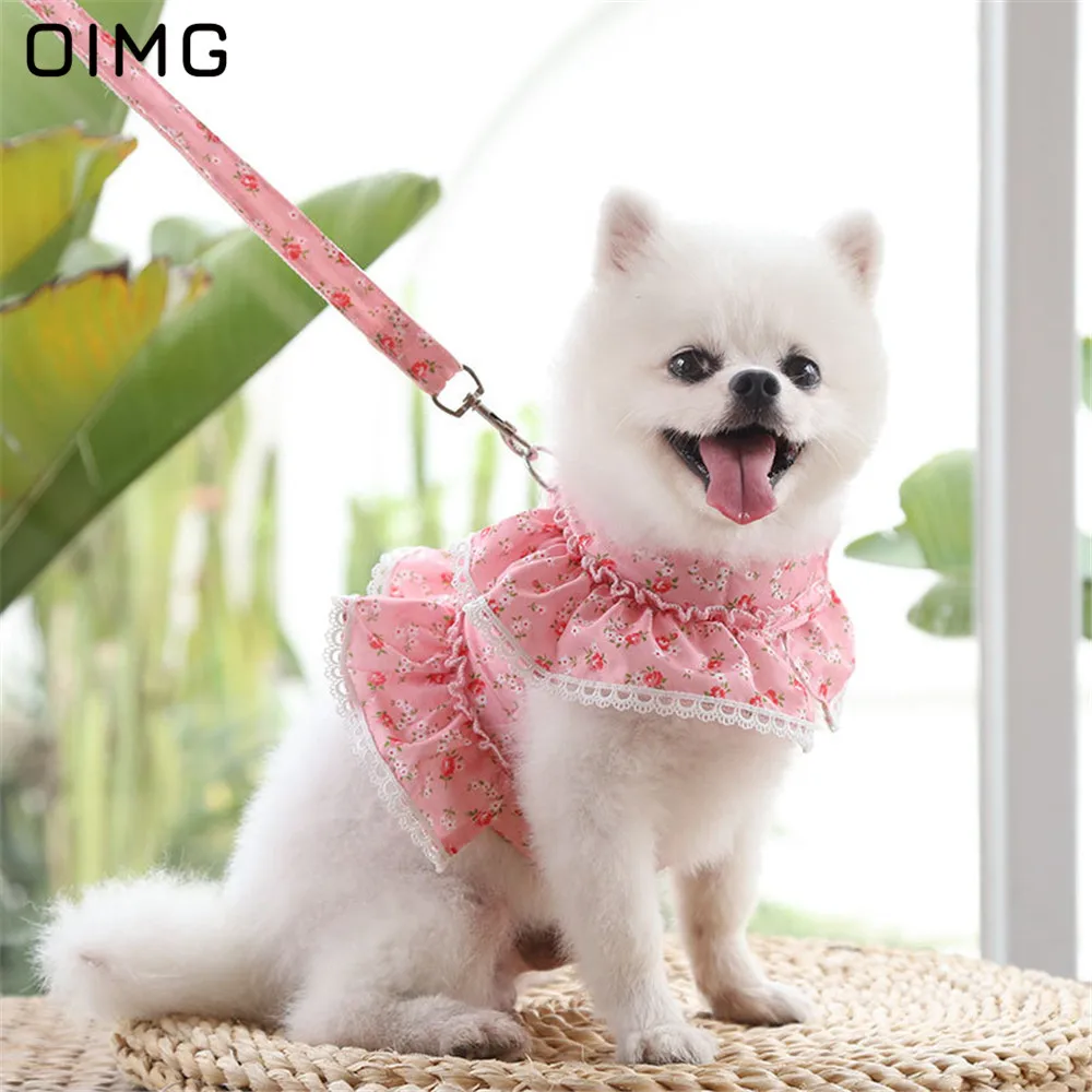 OIMG Small Floral Print Dog Harness For Spitz Pomeranian Papillon Harness Leash Set Cute Lace Dog Vests Pet Walking Lead Leash