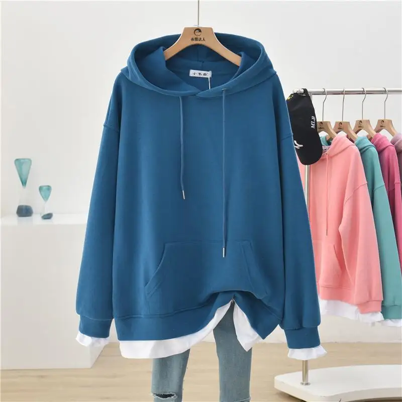 

Spring Autumn Style Women's Cotton Hoodies Pockets Solid Color Fake Two Pieces Korean Loose Sweatshirts AA4090