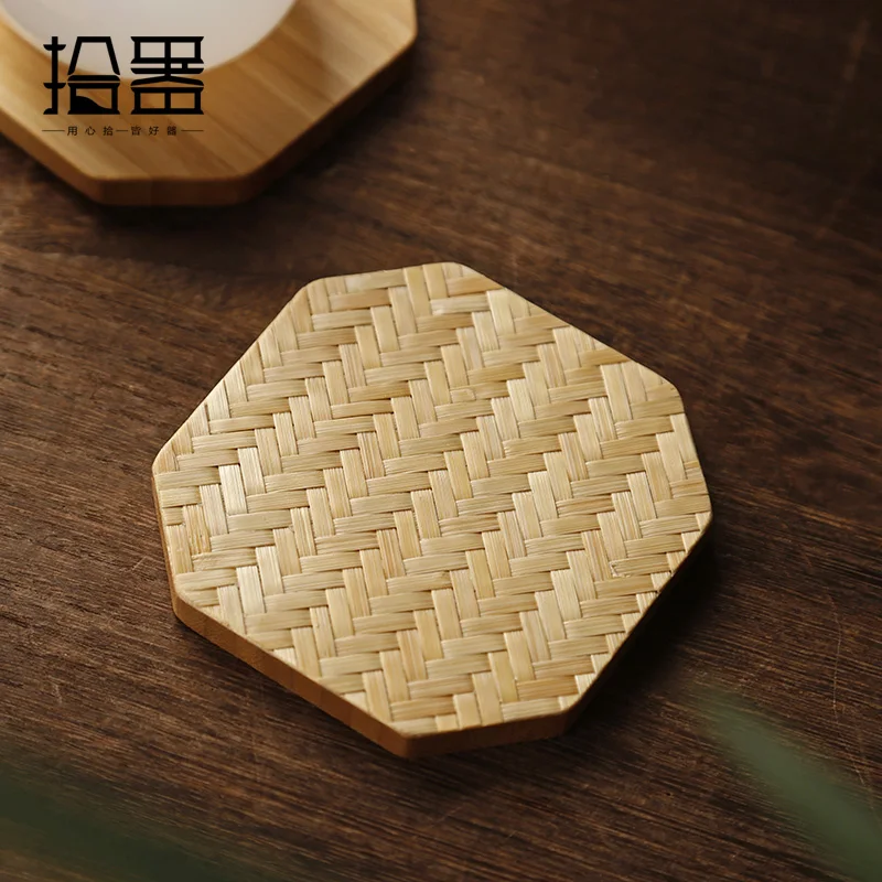 

Bamboo woven coaster rattan teacup holder potholder pot insulation Japanese style bamboo placemat Kung Fu tea set tea ceremony a