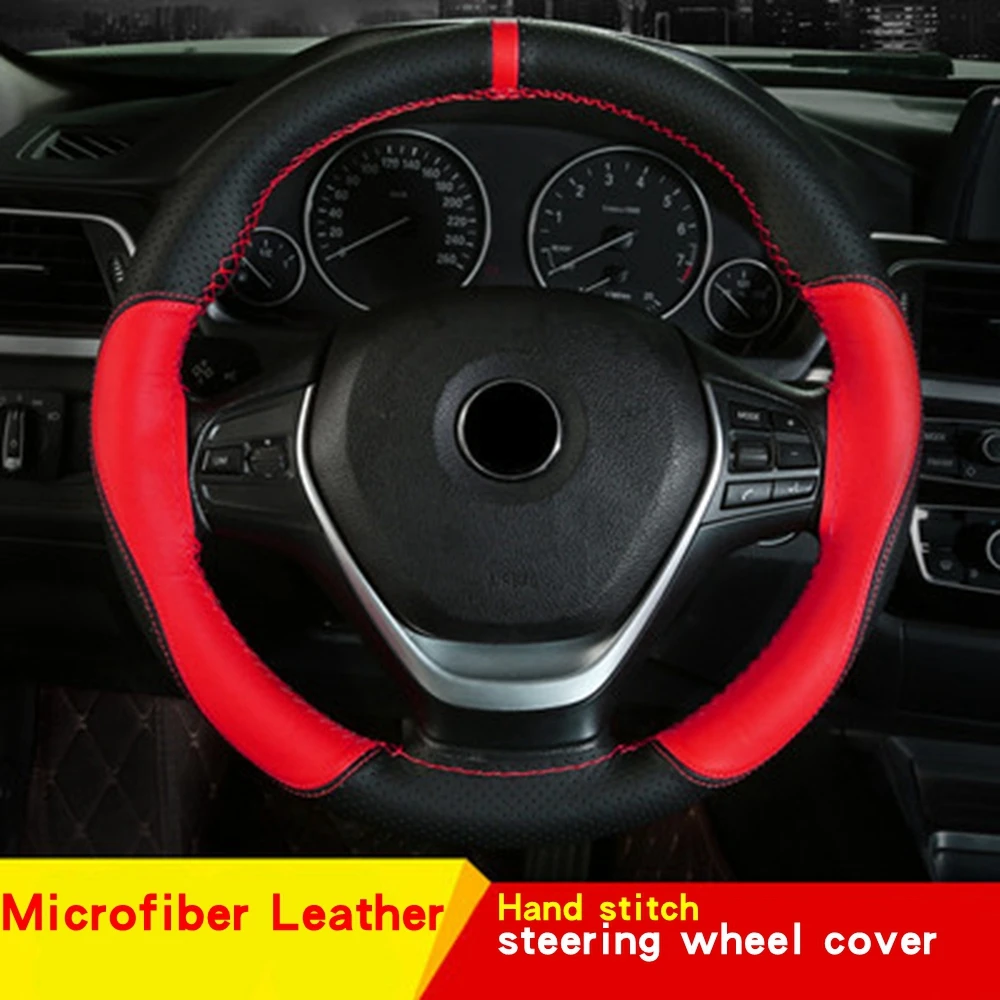 38cm Top Layer Cowhide Soft Genuine Leather Braid Steering Wheel Cover Black Double Line Hand-stitched With Needle Thread