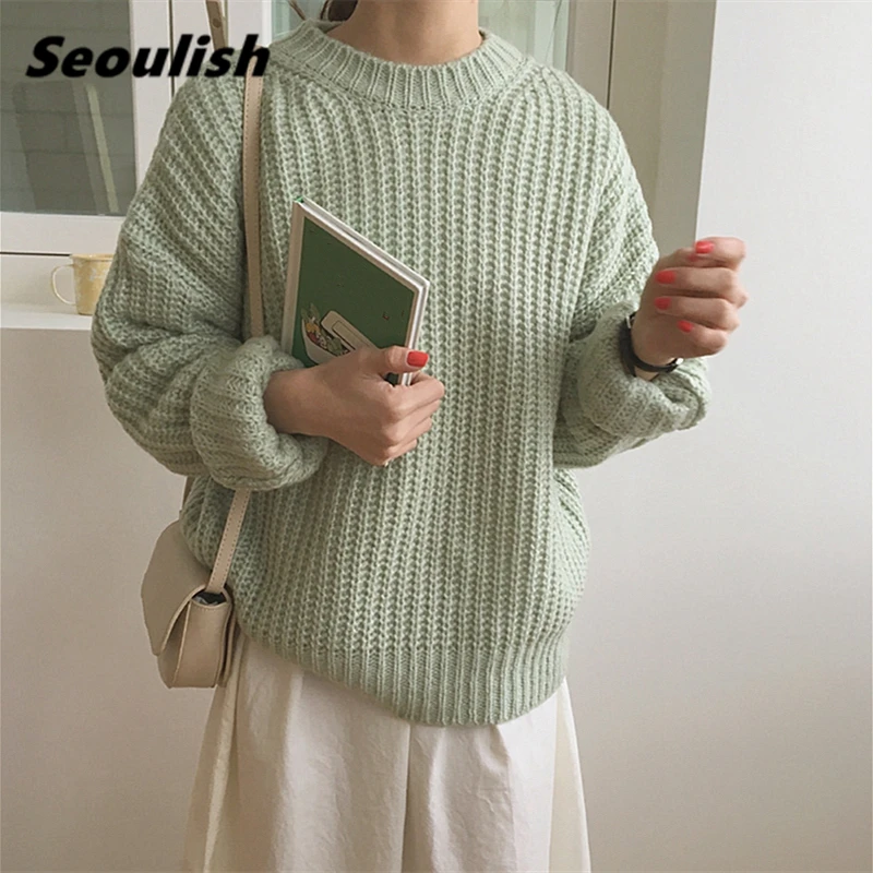 

Seoulish Solid Warm Women Pullovers Elegant Long Sleeve Round Neck Basic Casual Loose Ladies Knitting Sweaters Tops Winter