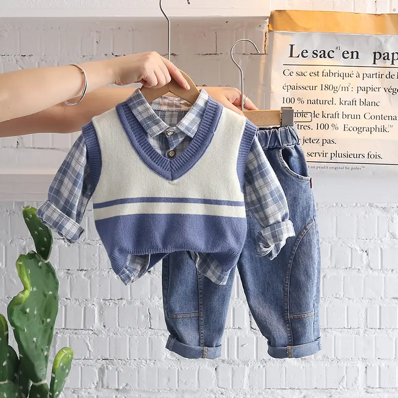 Baby Girls Cotton Clothes Spring Autumn Children Shirt Sweater Vest Plaid Shirt Pants 3Pcs/Set Infant Outfit Kid Fashion Toddler