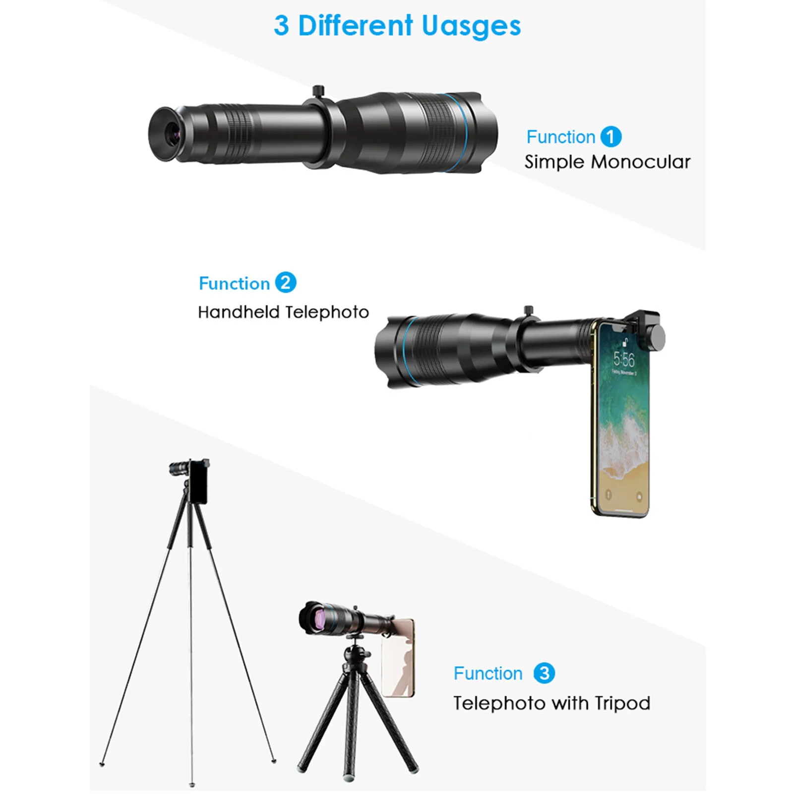 HD 60X 단안 망원경 망원 렌즈, 전화 클립 삼각대 및 보관 가방 포함, 아이폰용 전문 휴대폰 카메라 렌즈