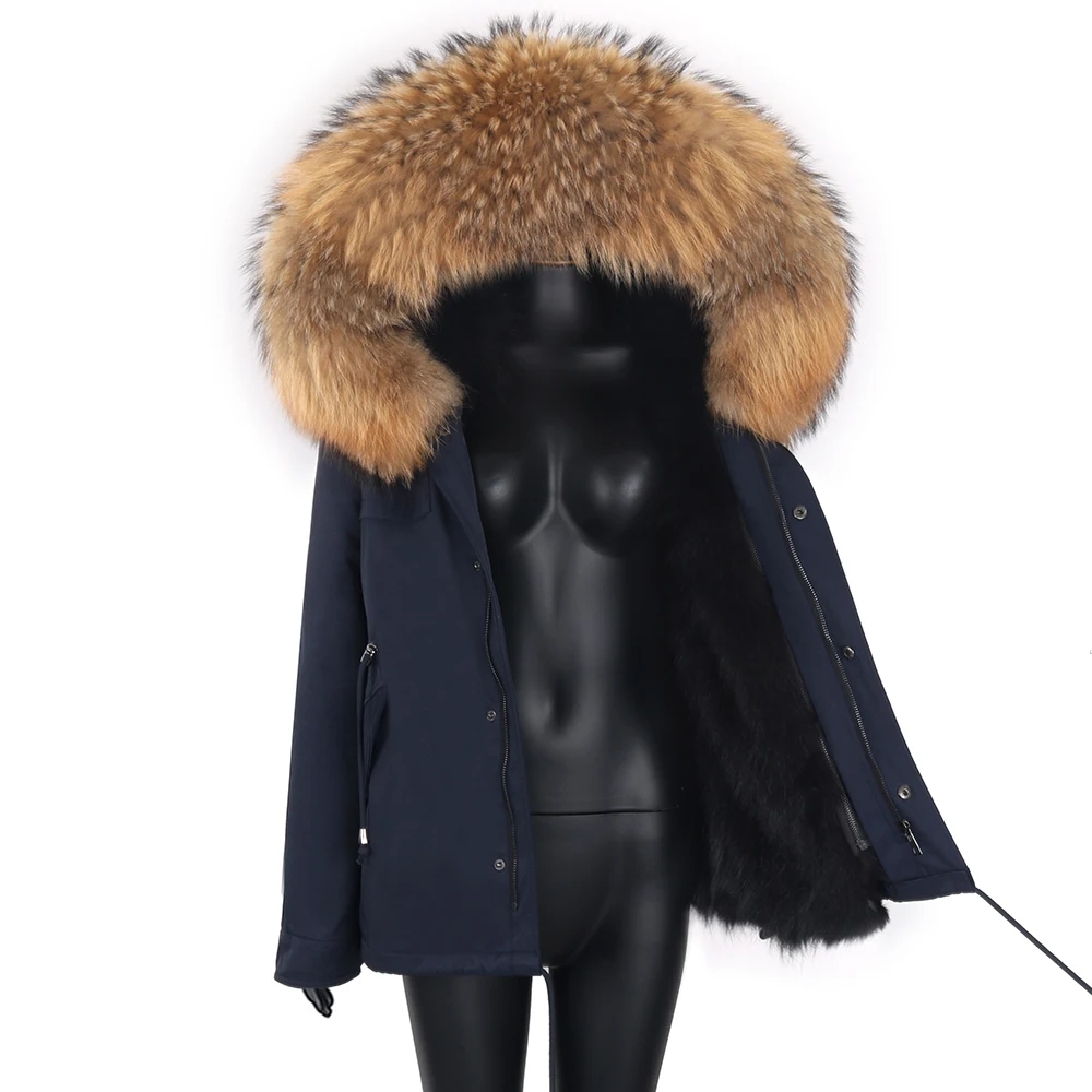 Chaqueta de Invierno para mujer, abrigo de piel auténtica de zorro, Parka corta impermeable, prendas de vestir exteriores de piel de mapache